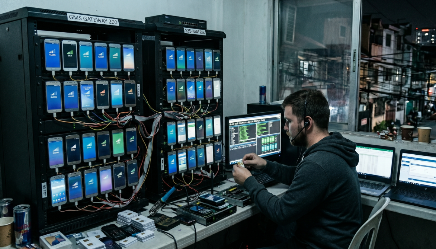 Fraudster running a SIM farm with racks of devices to send out spam and scam messages