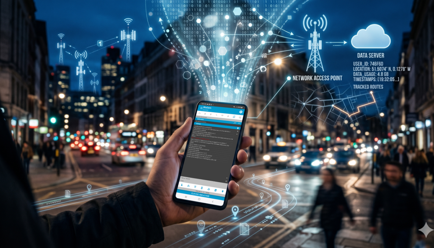 Mobile phone running the BluGem application tracking mobile data while walking through a city